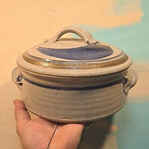 Studio Pottery Lidded Casserole‎ 10" Blue Stoneware Handmade Artist Signed 1970s